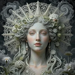 beautiful sun goddess face portrait by jean delville, ellen jewett, iris van herpen and james jean, art forms of nature by ernst haeckel, art nouveau, symbolist, visionary, gothic, fractal lace, intricate alien botanicals, spiraling clouds, ethereal, ai biodiversity, surreality, hyperdetailed ultrasharp octane render