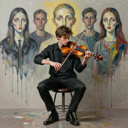 portrait of a young violinist sitting on stool, artwork by james jean 3 d rendition on behance, luc tuymans and vincent lefevre and hernan bas and pat steir and hilma af klint, psychological, symmetrical face, dripping paint, a lot brush marks,, high quality render, masterpiece