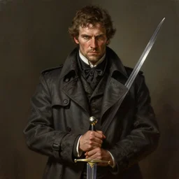 portrait of a rugged man wearing a trenchcoat, holding a sword, victorian, concept art, detailed face, fantasy, highly detailed, cinematic lighting, digital art painting by greg rutkowski