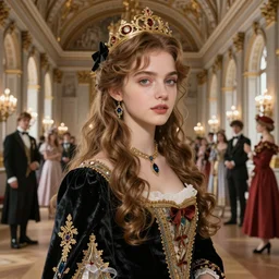 masterpiece hyper detailed portrait charming and miracle of gorgeous girl at a royal castle. in the background is a large, luxurious royal hall with many people art by artgerm, greg rutkowski, sasoura, satchely. by bastien - lepage. andrei riabovitchev, yoshitaka amano. medium shot. trending artstation