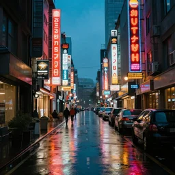 A rainy street lit up by neon signs in the city