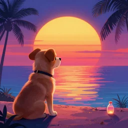 puppy watching retrowave vintage sunset, big round sun, synthwave, neon, digital painting, artstation