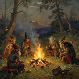 wizards and goblins at campfire, painting by ivan shishkin