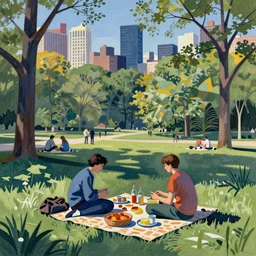 people having a picnick in a city park on a clear day, in suprematism style
