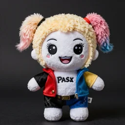 an happy lady gaga in harley quinn pupyplush doll, background dark, 8k