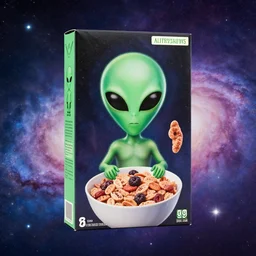 a alien cereal box, alternate dimension, product photo, galaxy background
