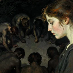 the profile of a woman's face looking down at a group of unidentifiable humans cowering in a circle, accentuated shadows, in style of william mortensen, art nouveau, dark