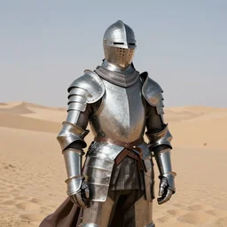 a knight wearing silver plate armor, brigandine, DOOM inspired, in the desert, arriflex 35