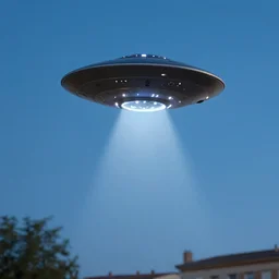 ufo flying in the sky in toulouse, blue sky, motion blur, eerie, realtistic