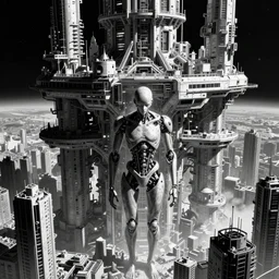 sad biological android, through a huge cybernetic megastructure multi - level metropolis in space, black and white, by nihei tsutomu