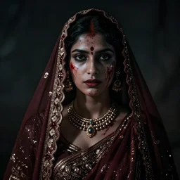 beautiful Hindu lady of the dark with veil, in darkness, cover with blood, horror terrifying, soft light, surreal realistic, photorealistic, hyper details, full HD, 8k!