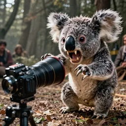 movie frame still from live action koala vampire with long and sharp fangs attacking ypu, 8 k, ultra wide angle, zenith view, greg rutkowski, kim jung gi, ilm, oscar winning photography, grain, dramatic lighting, sharp focus, ultra lens