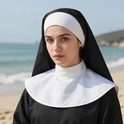 photo of beautiful nun at the beach, close up, 8k
