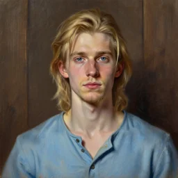 digital pastel portrait of a skinny white male, slightly longer blond hair and a light stubble beard, wearing a light blue shirt, blue eyes, rugged, teenage, fantasy, wizard, trending artstation, dungeons & dragons, neutral expression, wooden background, award winning dark lighting, realistic, oil painting
