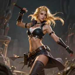 An epic fantasy comic book style portrait painting of an athletic female thief with blonde hair dancing, unreal 5, DAZ, hyperrealistic, octane render, cosplay, RPG portrait, dynamic lighting