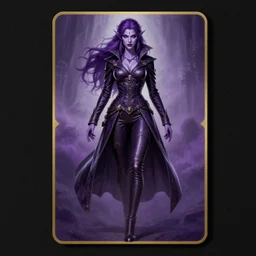 full body portrait of beautiful elf necromancer, female, purple skin, skintight leather coat, leather pants, wild purple hair, evil, high fantasy, extremely detailed, smooth, sharp focus, digital illustration, by artgerm, rossdraws, wlop, collectible card art