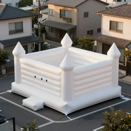 huge white adult bouncy castle playground on the tokyo street, between houses, style by anish kapoor, parts by shih chieh huang, warm soft light, bird view, telephoto lens, shallow depth of field realistic, 8 k, hyperrealism, subsurface scattering, raytracing