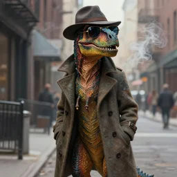portrait of a sneaky dinosaur wearing a long coat a hat and sunglasses in a smoky new york back street, digital painting, natural light, vibrant, intricate, textured skin, highly detailed, artstation, sharp, focus, illustration, anna dittmann, ilya kuvshinov, nikolay makovsky