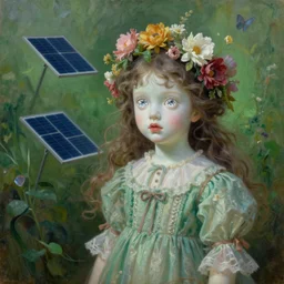 a young girl portrait with porcelain face and big crystal eyes, two solar panels flying in the wind, dressed in a vintage long dress, flowers blooming in her head, conceptual art, oil fantasy painting, hyperdetailed, green color scheme, dramatic light, 8 k