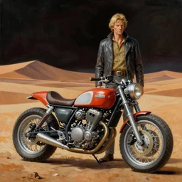 moebius and ralph mcquarrie retro classic motorbike motorcycle futuristic sci - fi painting, star wars, speed racer, dune, the incal