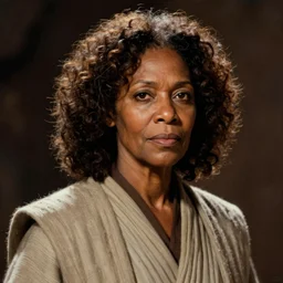 portrait of a woman by greg rutkowski, old jedi master, afroamerican, wise, star wars expanded universe, she is about 7 0 years old, wearing jedi robes.