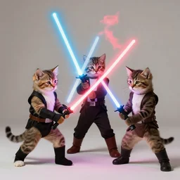 1 9 8 0's color photo of kittens in star wars costumes, fighting with light sabers