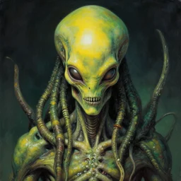 close up sci - fi cosmic horror art simon stalenhag alien dreadlocks, yellow green weed skin, elegant, highly detailed, centered, digital painting, concept art, smooth, sharp focus, illustration, artgerm, tomasz alen kopera, peter mohrbacher, donato giancola, joseph christian leyendecker, wlop, frank frazetta