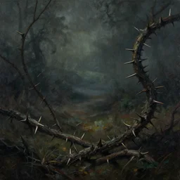 a landcsape corrupted by a dark vine with numerous big thorns, painted in a surreal dark fantasy style