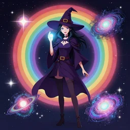 a witch in the rainbow universe waiting for superpower from other galaxy, concept art trending on artstation,