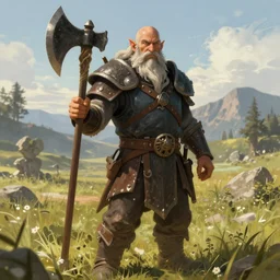 A fantasy comic book style portrait painting of a axe wielding fantasy d&d dwarf in a open meadow field in the summer, unreal 5, DAZ, hyperrealistic, octane render, RPG portrait, ambient light, dynamic lighting