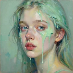 portrait of a beautiful girl, liquid paint dripping over face, brush strokes all over, intimate, pastel shades of green, beautiful face, rule of thirds, spotlight, expressive, passionate, by jeremy mann, by francoise nielly, by vincent van gogh, oil painting