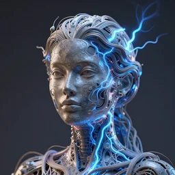 an intricate and extremely detailed sculpture of a female head made of electricity