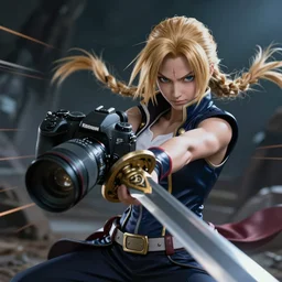 dslr, erza scarlet fighting with a sword, real photo, real camera, extreme detailed face and body, high quality, moody lighting, fast paced lines, sharp quality, enchanting, 8 k