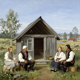 a traditional sami family outside their lavvu, painted by Rembrandt, wide shot, detailed