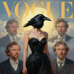 morning, a woman in a black dress with a raven head. no face. sun, cinematic, clouds, vogue cover style, contracting colors mood, realistic painting, intricate oil painting, high detail, figurative art, multiple exposure, poster art, 3 d, by simon bisley, ismail inceoglu, wadim kashin, filip hodas.