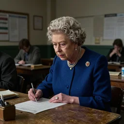 queen elizabeth as an old dinner lady in a run down inner city london school, dark and depressing, by goya and hogarth