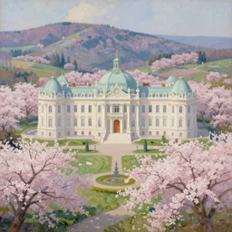 a beautiful painting of a gorgeous palace full of cherry blossoms, over the rolling hills and forests by albers anni, trending on artstation.
