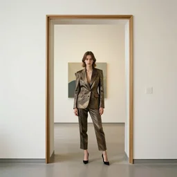 young posh woman wearing fancy dress suit in front of the framed doorway, in the minimalistic retrofururistic art gallery, by rutkovski and beksinski