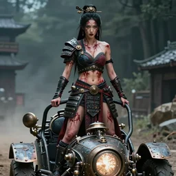 vertical movie frame with ancient asian female standing on steam punk buggy, hunt, armor inspired by ancient japan and fashion, strong blooded body, brutal blooded sluty symmetrical face, epic, award winning, establishing shot, extremely high detail, photorealistic, brutal, provocative, octane render, editorial, extreme sports photography