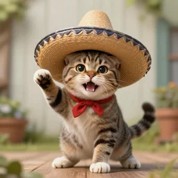 hyperrealistic, cute feisty expressive tabby cat with a sombrero tucking, highly detailed, hyper detail, cottagecore!!, well lit, dynamic pose