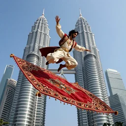 hyper realistic aladdin flying into the twin towers on his carpet, award winning,
