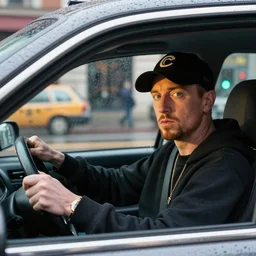 Eminem as a taxi driver with steering wheel in his hands looking at you from the car, shot from professional camera, ultra realistic, rim light, rainy weather, vivid lights
