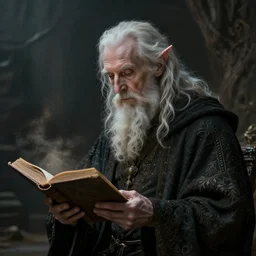 a 1 3 th century, enigmatic, melancholic, fae wizard ( look like ( ( eighty years old christopher lee ) ), is ( ( reading an old book ) ). light dust, magnificent, hyperdetailed, theatrical, painted by greg rutkowski