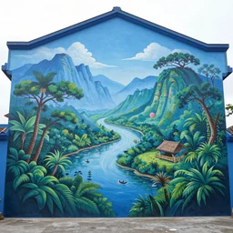 a blue colored mural with a different background painting, and an asian landscape a large mural of an asian country with a jungle in the background. a picture of an asian landscape is seen painted on the left side of a wall. a blue mural that has a black and silver background and pictures of an asian country. an image of a mural in an asian country next to large buildings.