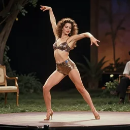 Funny TV show in 90s. Color VHS footage. A beautiful woman dancing on the small stage in open air.