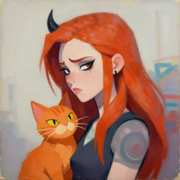 greg manchess portrait painting of a sad and evil ginger girl with evil gignger cat as overwatch character, medium shot, asymmetrical, profile picture, organic painting, sunny day, matte painting, bold shapes, hard edges, street art, trending on artstation, by huang guangjian and gil elvgren and sachin teng