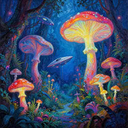 felucia landscape, neon jungle, giant fluorescent fungi, colorful, starships, painting by brothers hildebrandt