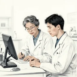 a researcher collaborating with an artificial intelligence in the style of a xylography
