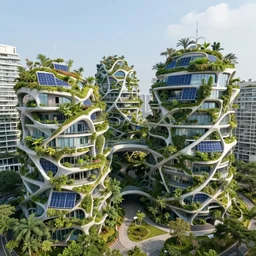 a photo of a house complex from the future, parametric architecture, blending with nature, renewable energy sources, preserving ecosystems, gardens, trending on flickr, zaha hadid and ernt haeckel