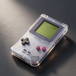 an isometric product shot of a clear gameboy dmg